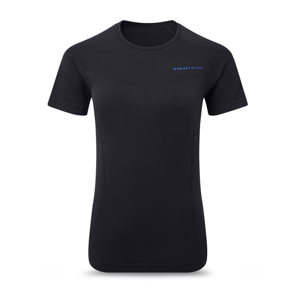 Top de running sin costuras y de manga corta para mujer - Negro